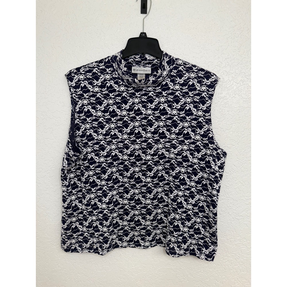 Dressbarn Womens 3XL Sleeveless Mock Neck‎ Top Navy White Lace Pattern